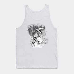 Fire themed black and white dark drawing. Skull face view Tank Top